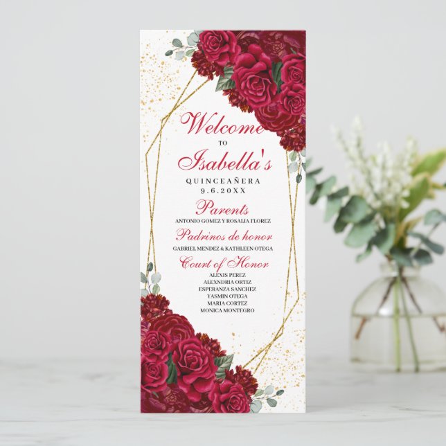 Red and Gold Floral Quinceanera Program (Standing Front)