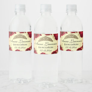 Red And Gold Floral Quinceanera Water Bottle Label