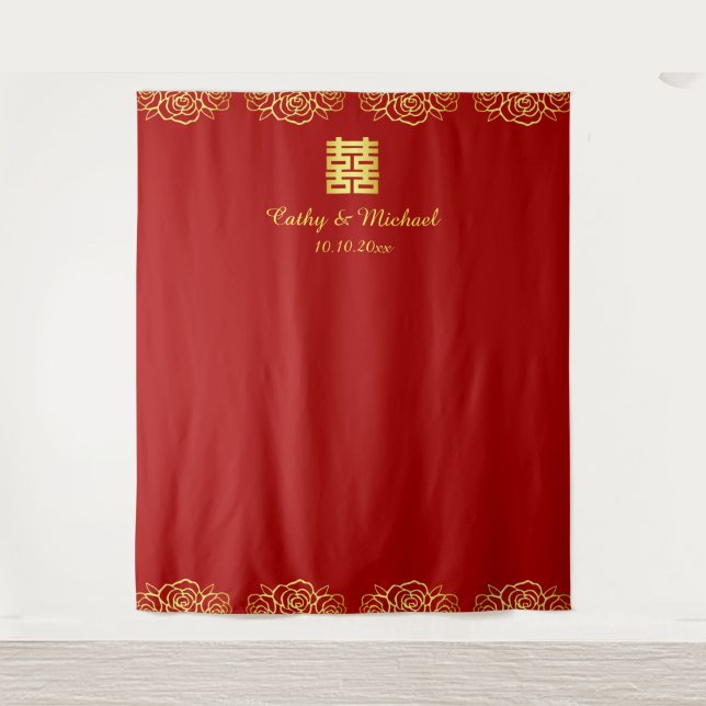 Red and gold floral rose chinese wedding backdrop tapestry (Front)