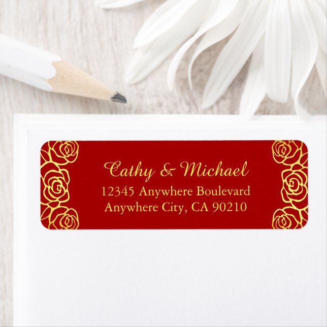 Red and gold floral rose papercut return address (Insitu)