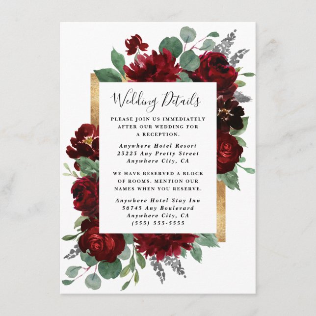 Red and Gold Floral Roses Greenery White Wedding Enclosure Card (Front)