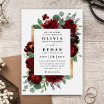Red and Gold Floral Rustic Elegant White Wedding Invitation<br><div class="desc">Design features watercolor peony and rose floral elements in shades of red and burgundy over eucalyptus botanical greenery. Template also features a printed gold coloured box for an added elegant layout. The typography displays a modern layout with black text. View the collection link on this page to find matching products...</div>