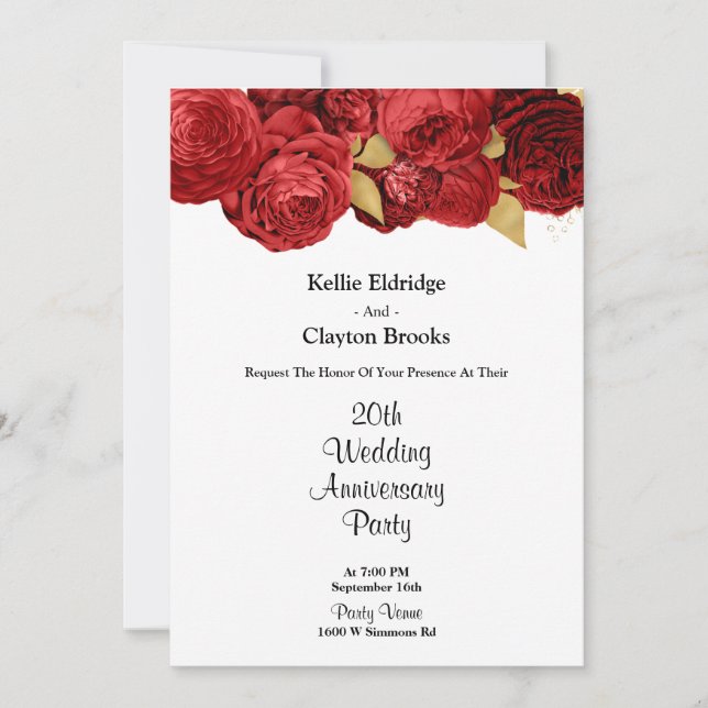 Red And Gold Floral Wedding Anniversary Party Invitation (Front)