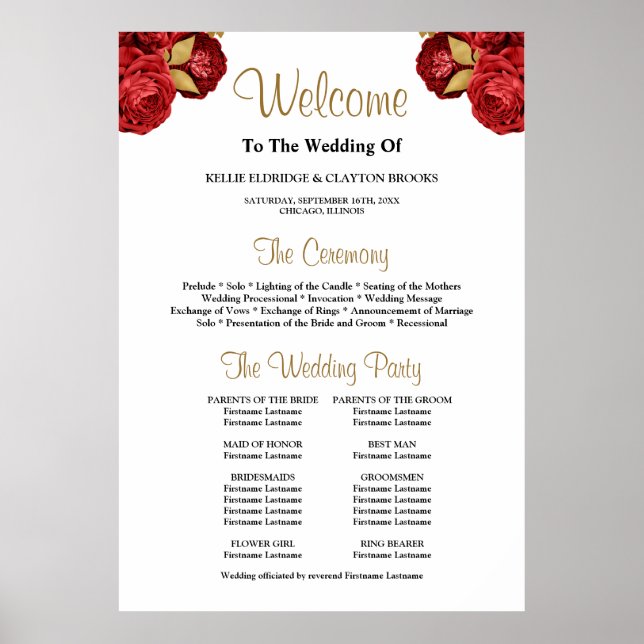 Red And Gold Floral Wedding Ceremony Program Sign (Front)