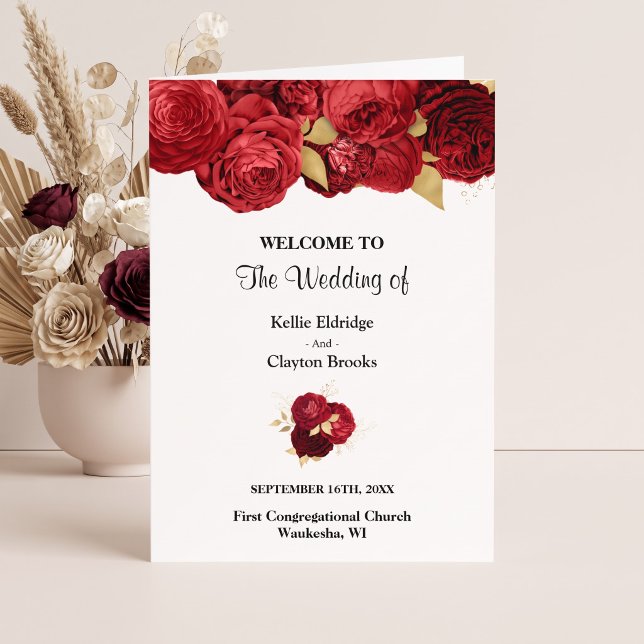 Red And Gold Floral Wedding Folded Program (Creator Uploaded)