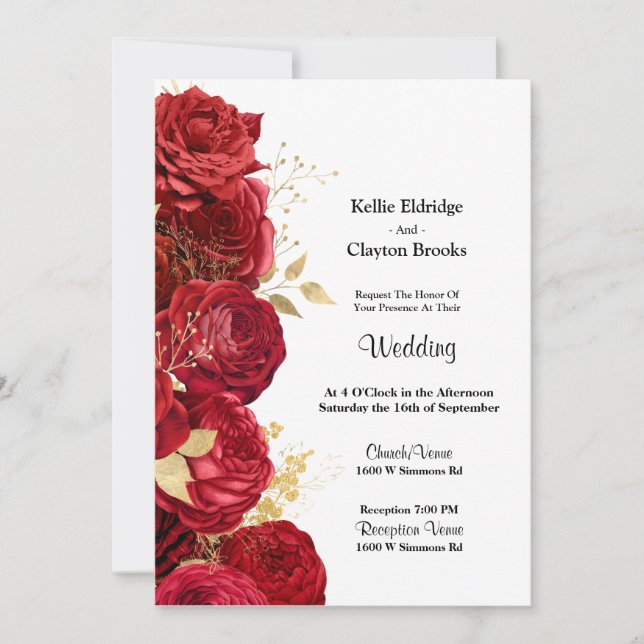 Red And Gold Floral Wedding Invitation (Front)