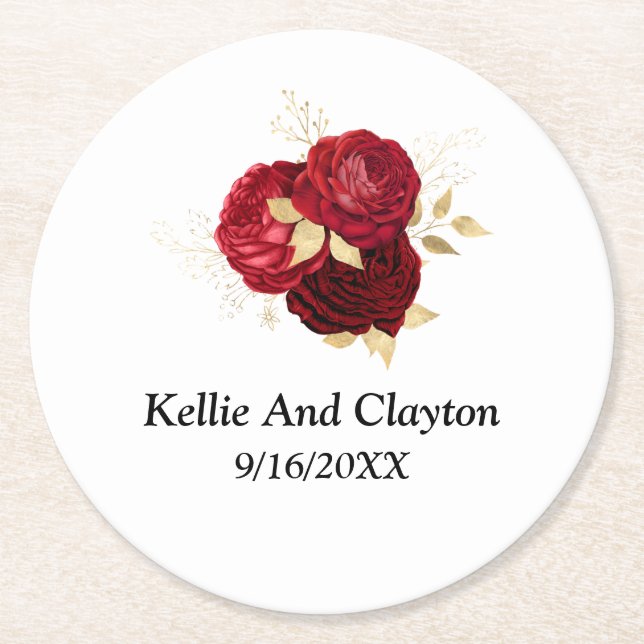 Red And Gold Floral Wedding Round Paper Coaster (Front)