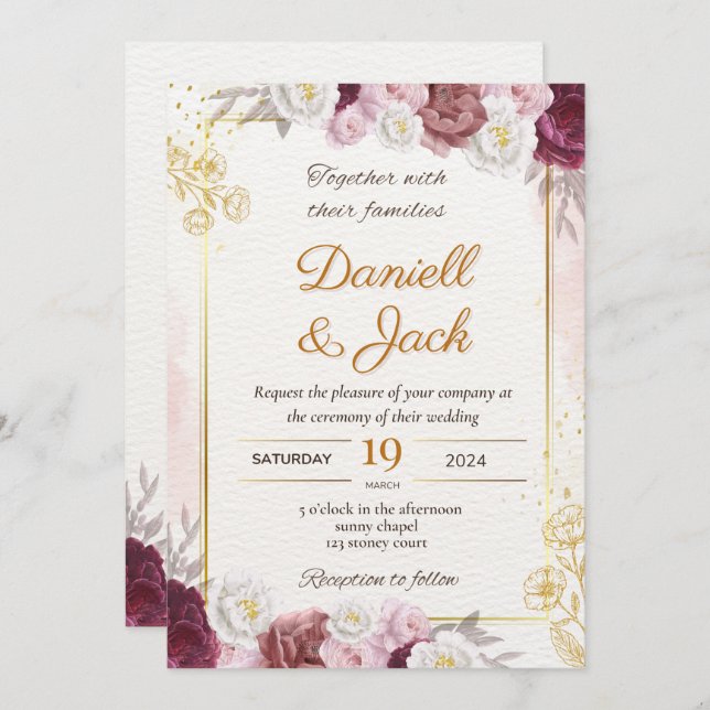 Red and gold floral weeding invitation (Front/Back)