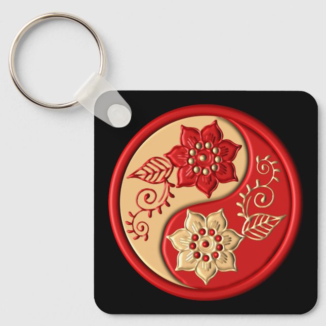 Red and Gold Floral Yin Yang Keychain (Front)