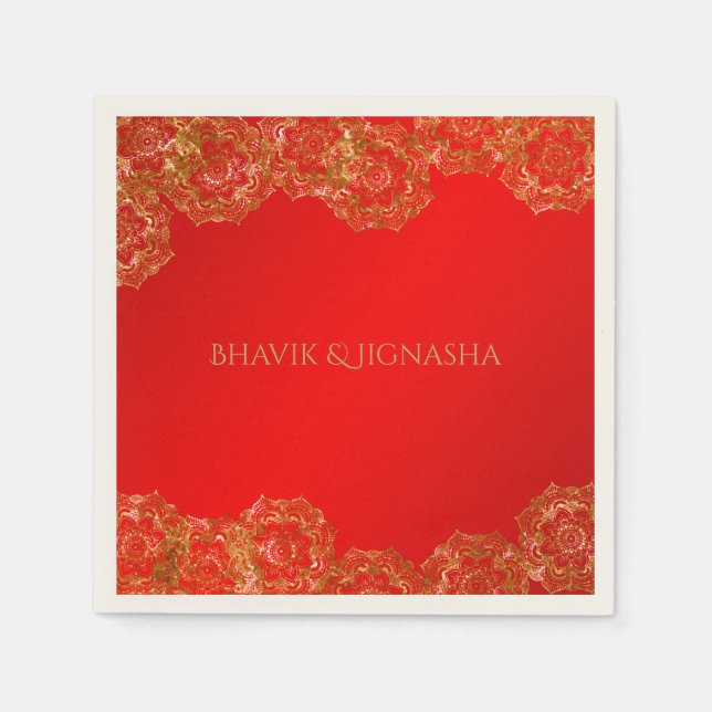 Red and Gold Flower Indian Wedding Napkin (Front)