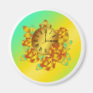 Red and Gold Flowers and Antique Clock Magnet