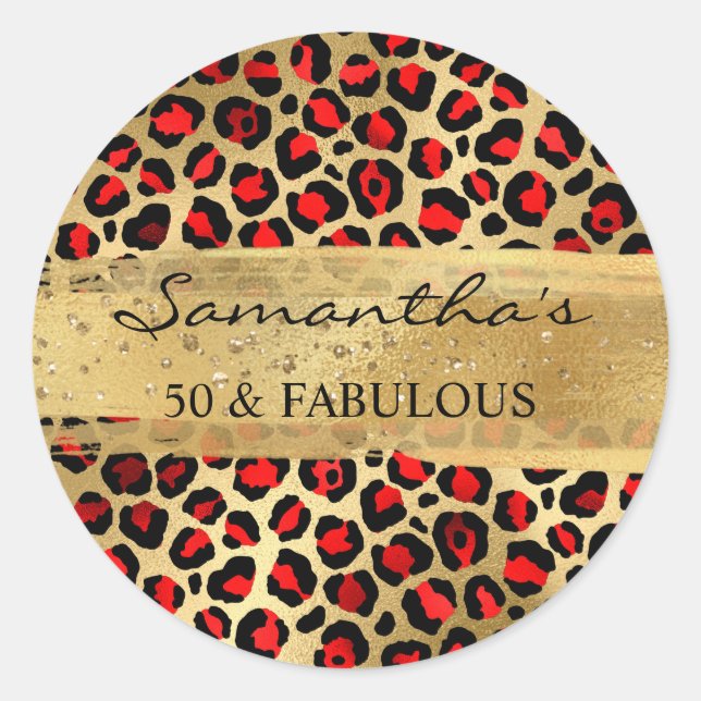 Red and Gold Foil Leopard 50 & Fabulous Classic Round Sticker (Front)