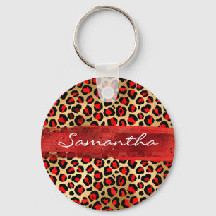 Red and Gold Foil Leopard Brush Stroke Keychain