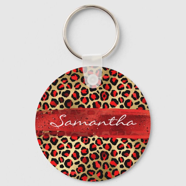 Red and Gold Foil Leopard Brush Stroke Keychain (Front)