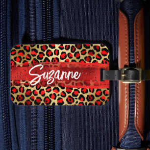 Red and Gold Foil Leopard Brush Strokes Luggage Tag