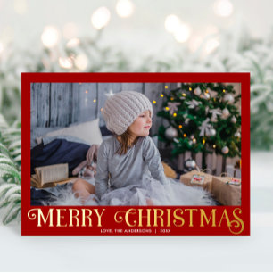 Red and Gold Foil Modern Merry Christmas photo Holiday Card