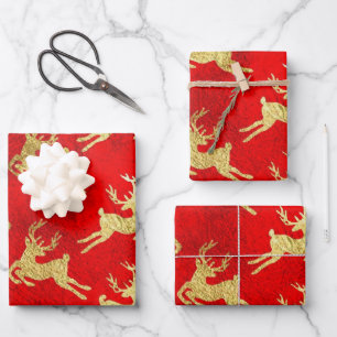 Red and Gold Foil Reindeer Christmas Wrapping Paper Sheet