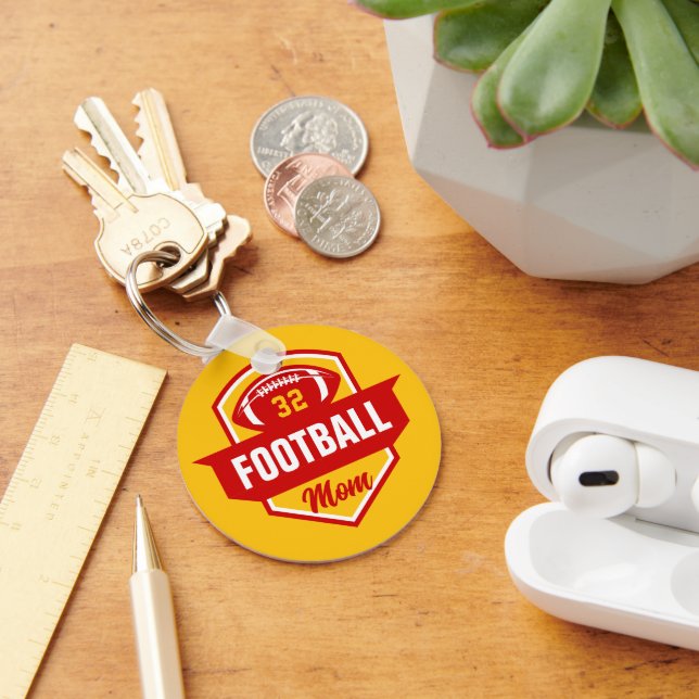 Red and Gold Football Mom Jersey Number Photo Keychain (Desk)