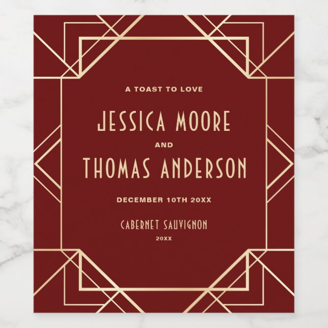 Red and Gold Gatsby Art Deco Custom Wedding Wine Label (Single Label)
