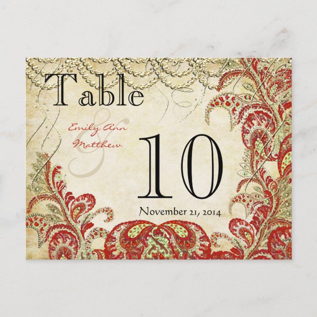 Red and Gold Gatsby Paisley Peacock Table Number Postcard (Front)