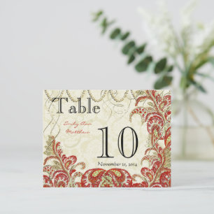 Red and Gold Gatsby Paisley Peacock Table Number Postcard