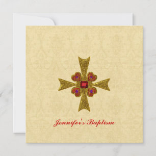 Red and Gold Gemstone Cross Baptism Invitation
