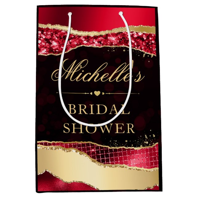 Red and Gold Glam Tears Bokeh Bridal Shower Medium Gift Bag (Front)