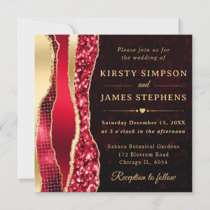 Red and Gold Glam Tears Bokeh Wedding Invitation