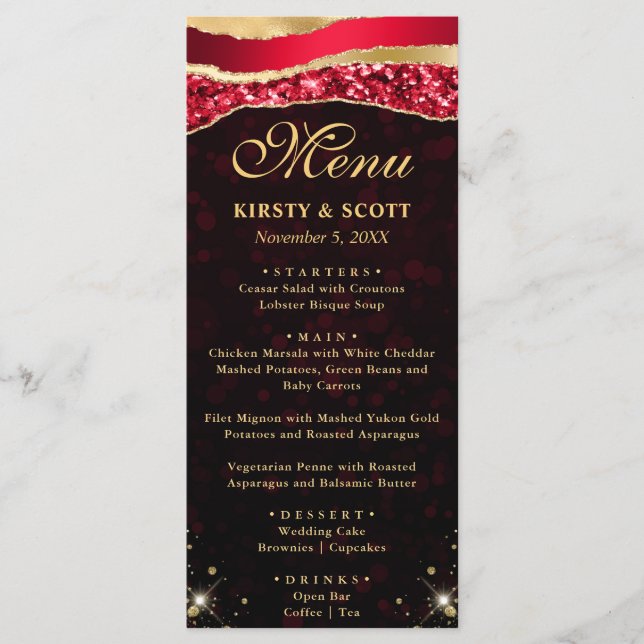 Red and Gold Glam Tears Bokeh Wedding Menu (Front)