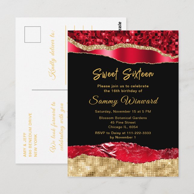 Red and Gold Glam Tears Sweet Sixteen Postcard (Front/Back)