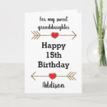 Red and Gold Glitter 15th Birthday  Card<br><div class="desc">A modern 15th birthday granddaughter card,  which you can easily personalize with her name. Features glittery arrows with hearts. Inside this 15th birthday granddaughter card reads a heartfelt message,  which can be personalized if wanted.</div>
