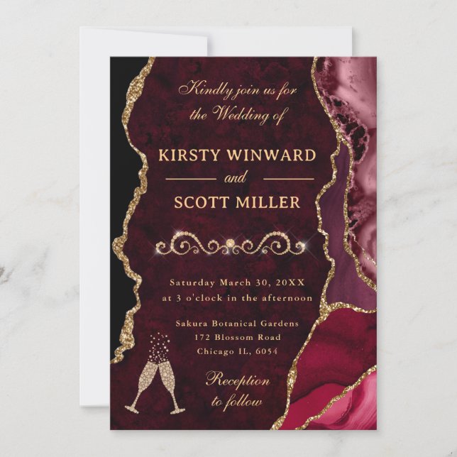 Red and Gold Glitter Agate & Marble Wedding Invitation (Front)
