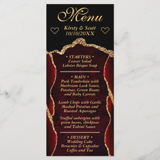 Red and Gold Glitter Agate Marble Wedding Menu (Front)