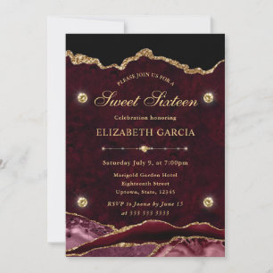 Red and Gold Glitter Agate Sweet Sixteen Invitation
