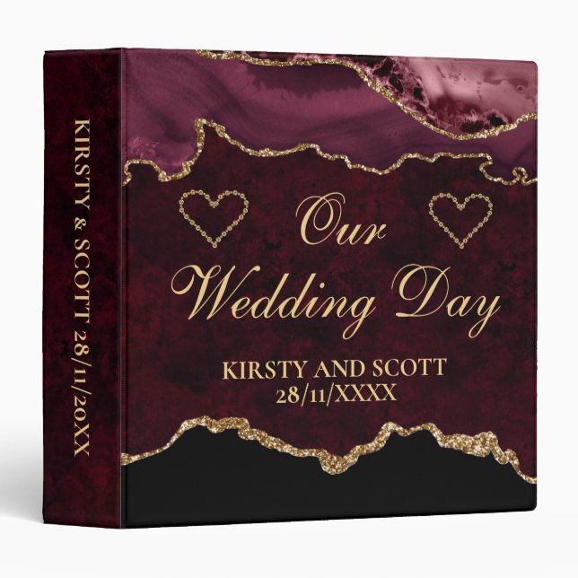 Red and Gold Glitter Agate Wedding Photo Album Binder (Front/Spine)