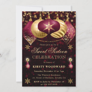 Red and Gold Glitter Baubles Sweet Sixteen Invitation