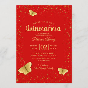 Red And Gold Glitter Butterfly Quinceanera Invitation