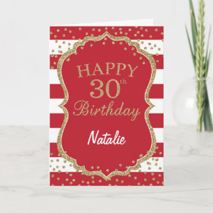 Red and Gold Glitter confetti 30th Birthday Card