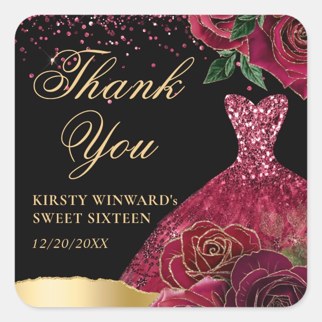 Red and Gold Glitter Dress Glam Roses Sweet 16 Square Sticker (Front)