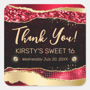 Red and Gold Glitter Glam Tears Sweet Sixteen Square Sticker