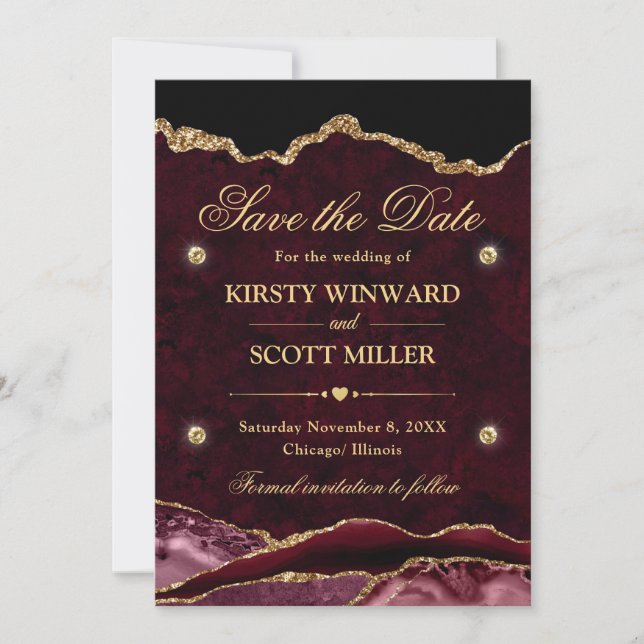 Red and Gold Glitter Marble Agate Save the Date (Front)