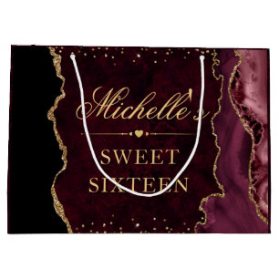 Red and Gold Glitter Marble Agate Sweet 16 Large Gift Bag