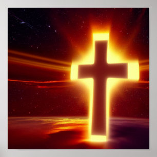 Red and Gold Glowing Cross Spacescape Poster