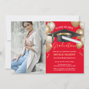 Red and Gold Graduate Cap Graduation Party Photo Invitation