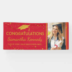 Red And Gold Graduation Confetti Grad Cap Photo  Banner
