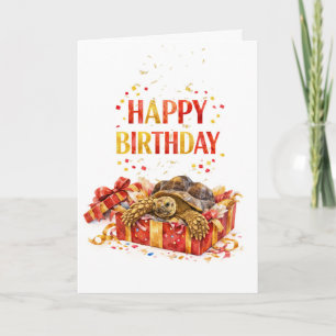 Red and Gold Happy birthday Sulcata tortoise gift Card