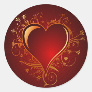 RED AND GOLD HEART CLASSIC ROUND STICKER