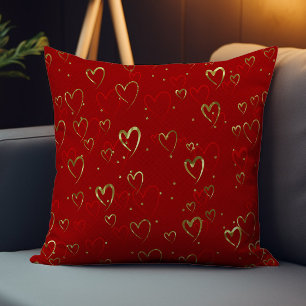 Red and gold hearts on red Valentine's Pattern Throw Pillow