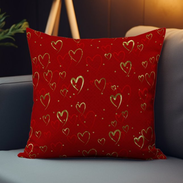 Red and gold hearts on red Valentine's Pattern Throw Pillow (Creator Uploaded)