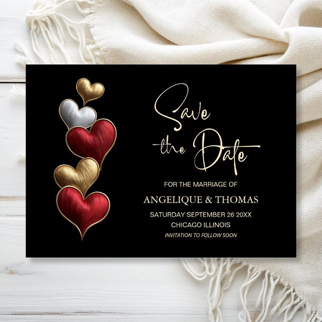 Red and Gold Hearts Wedding Save the Date (Créateur téléchargé)